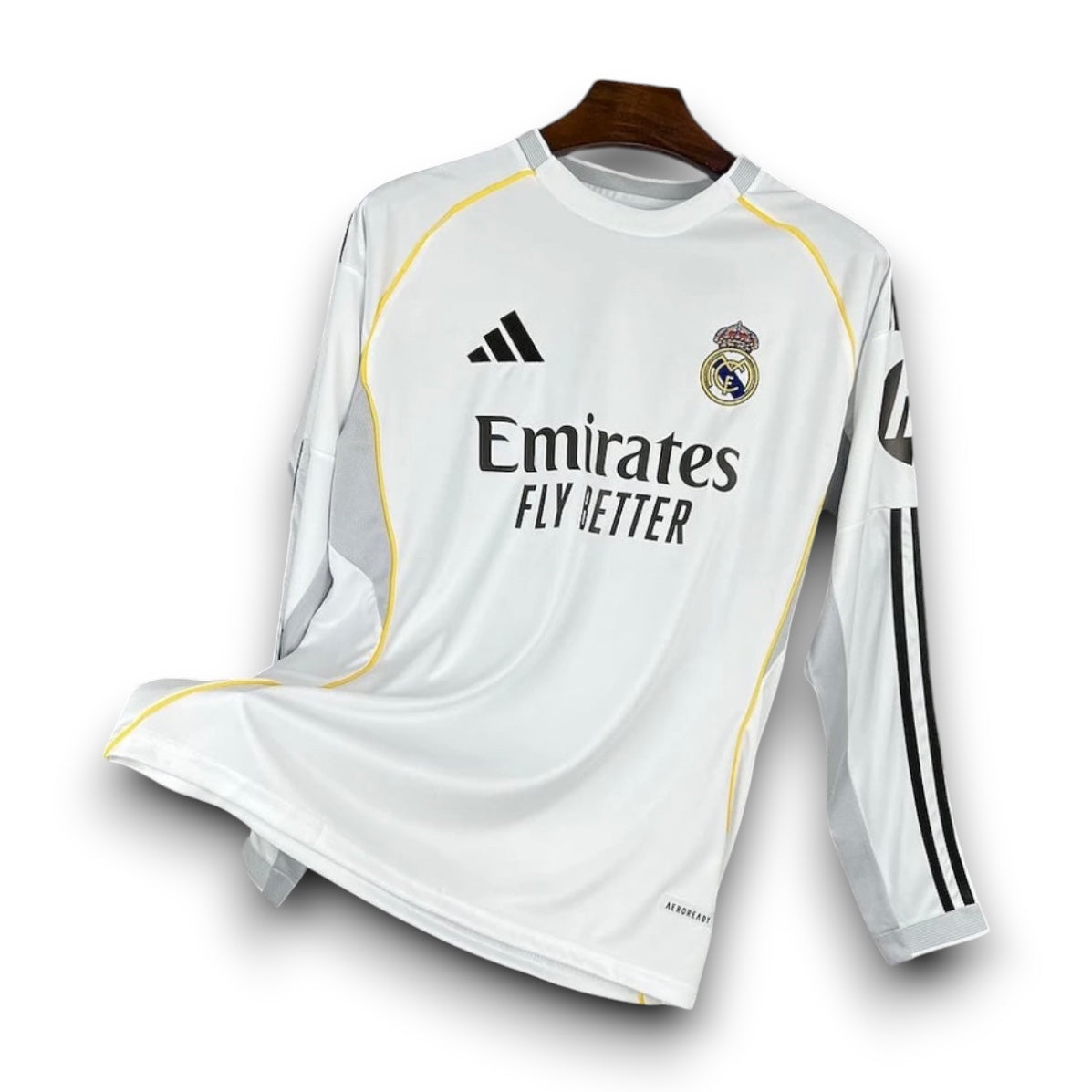 Leazofoot Real Madrid 2025-2026 long-sleeve home jersey in white with black accents and team crest.