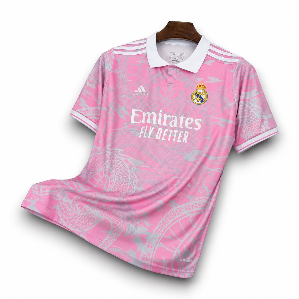 Leazofoot Real Madrid special edition pink football jersey with white collar and dragon graphic pattern