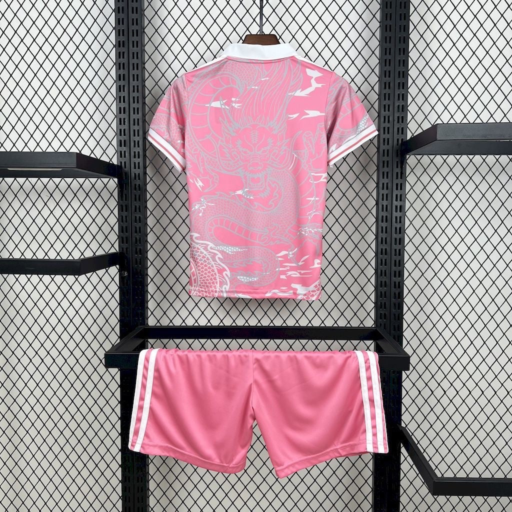 Leazofoot Real Madrid 24/25 kids concept kit in pink with white dragon graphic print and matching shorts