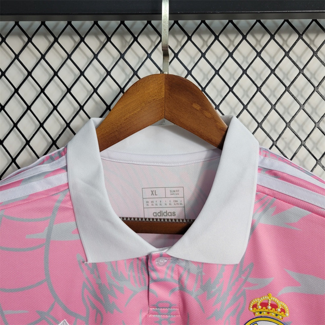 Leazofoot Real Madrid 23/24 special edition pink football jersey with white polo collar and team crest