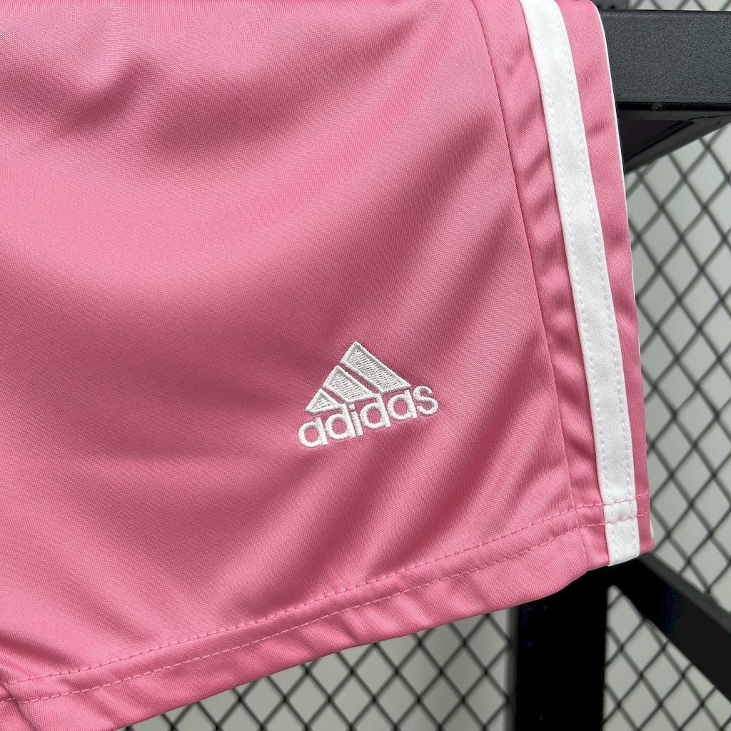 Leazofoot Real Madrid 24/25 kids concept pink football shorts with white side stripes and embroidered adidas logo