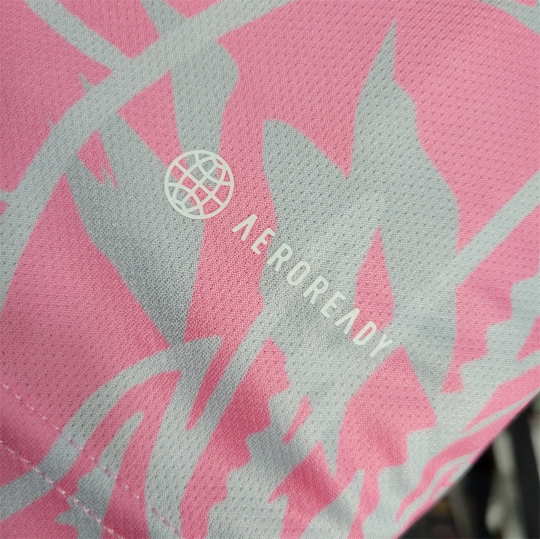 Leazofoot Real Madrid 23/24 special jersey featuring pink and grey floral pattern with Aeroready technology logo