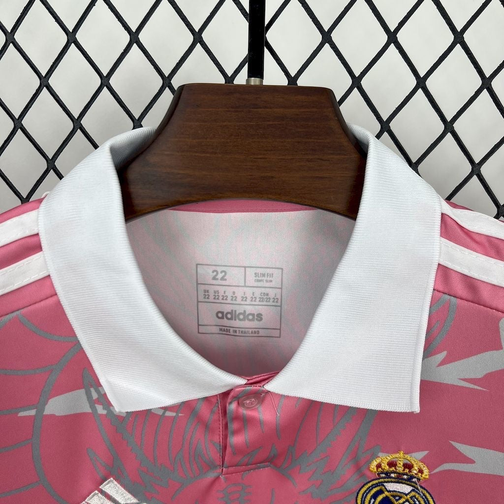 Leazofoot Real Madrid 2024/25 kids concept jersey in pink with white polo collar and grey graphic pattern