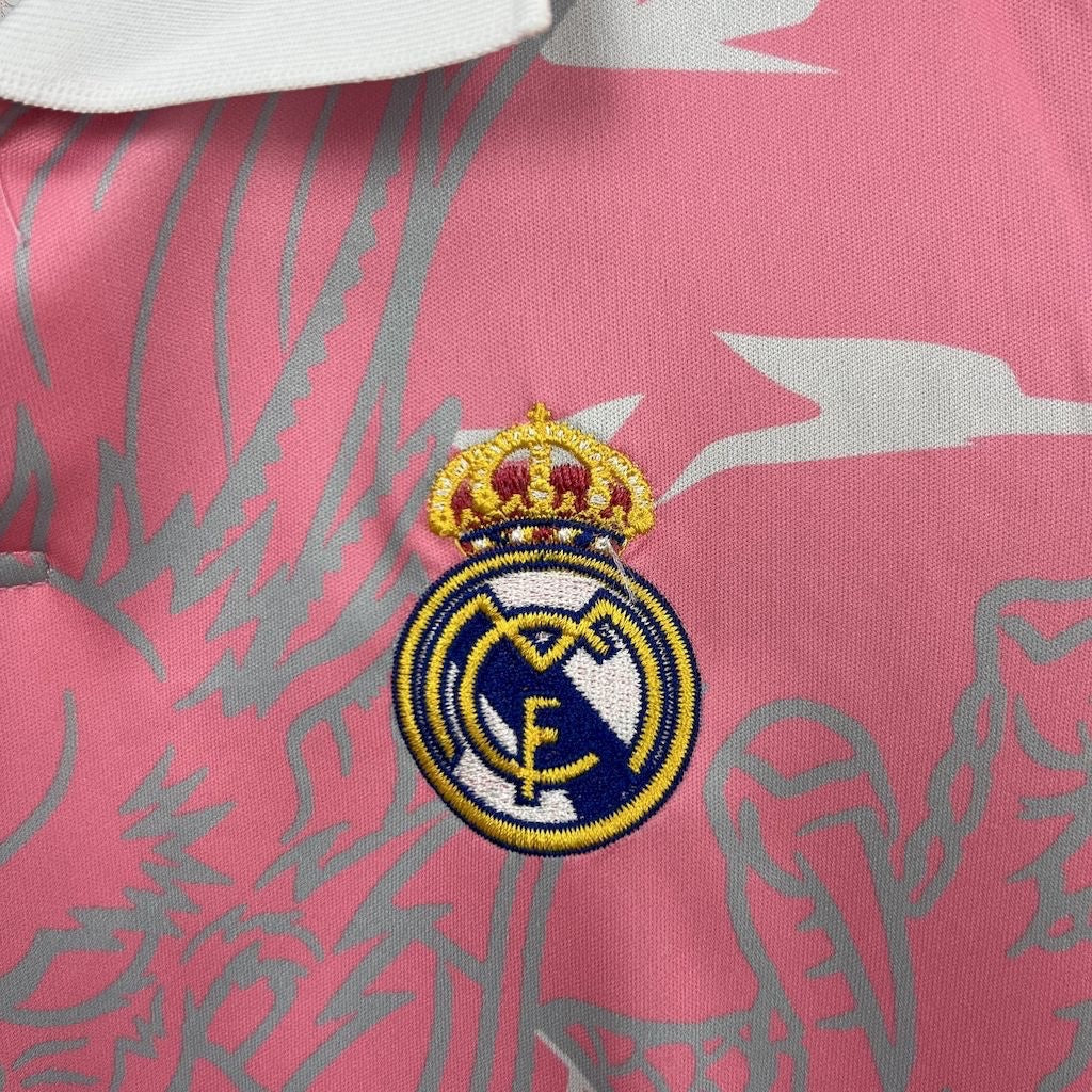 Leazofoot Real Madrid 24/25 kids concept jersey in pink with grey dragon pattern and embroidered club crest