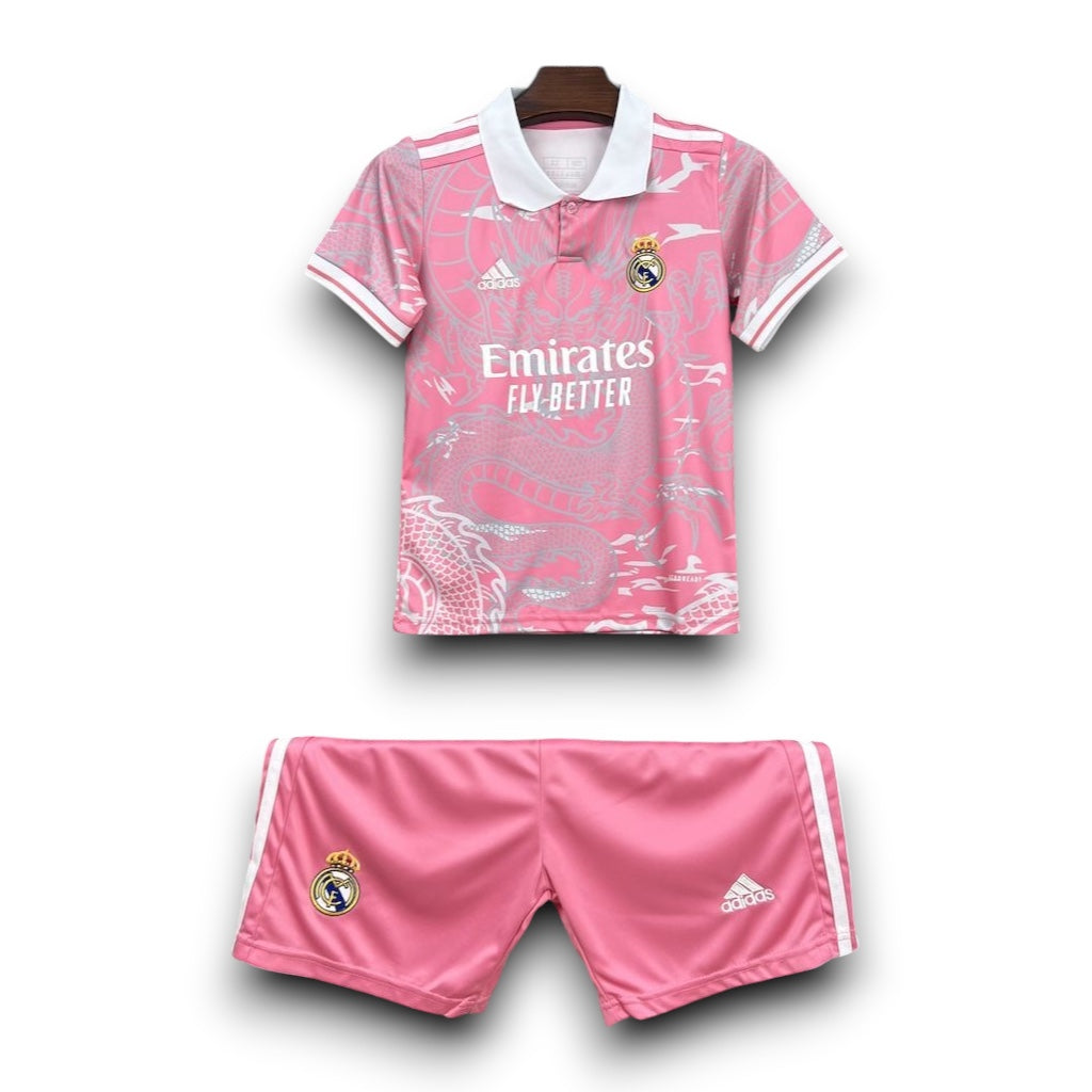 Leazofoot Real Madrid 2024/25 kids pink concept football kit featuring dragon graphic print and white collar.