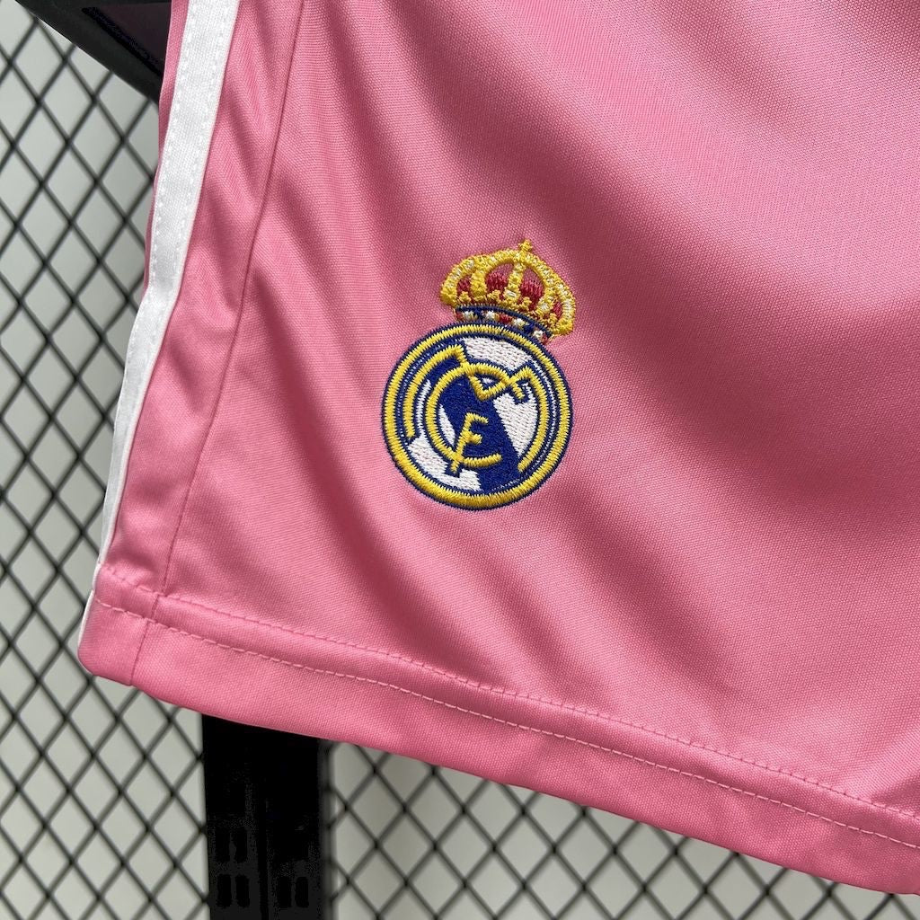 Leazofoot Real Madrid 24/25 kids concept shorts in pink with white side stripes and embroidered club crest