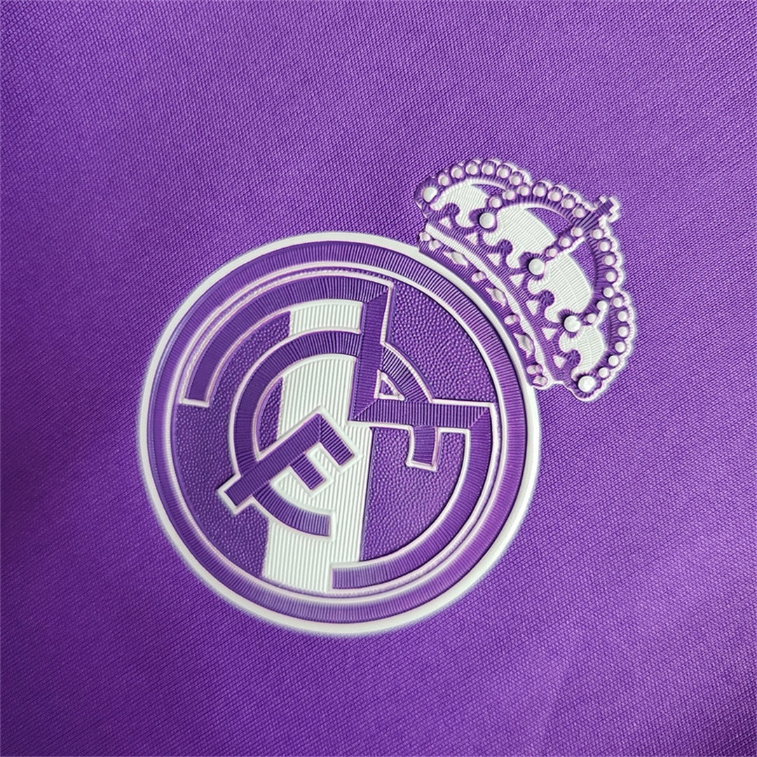 Leazofoot Real Madrid 2016-17 away jersey featuring a purple fabric background with a white embroidered club crest