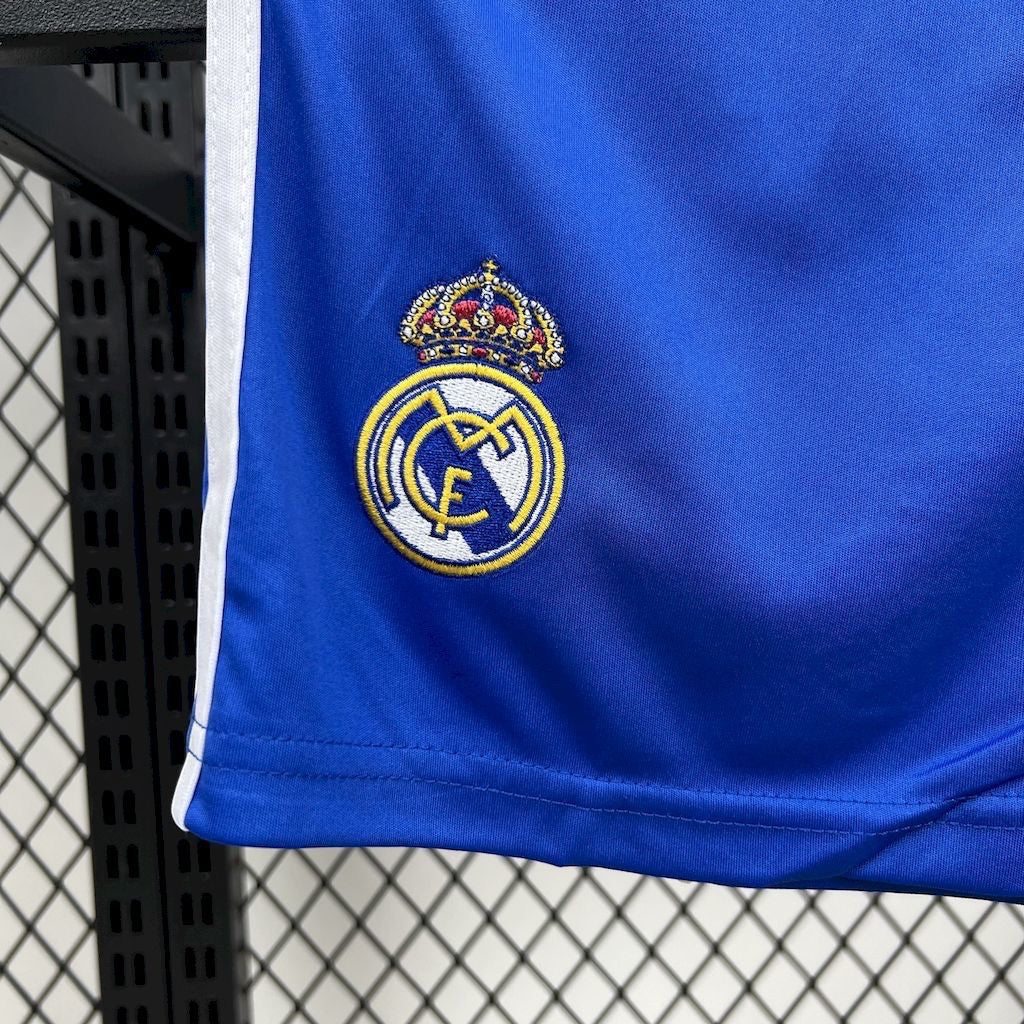 Leazofoot Real Madrid 25/26 third kit youth shorts in blue with embroidered club crest and white side stripe