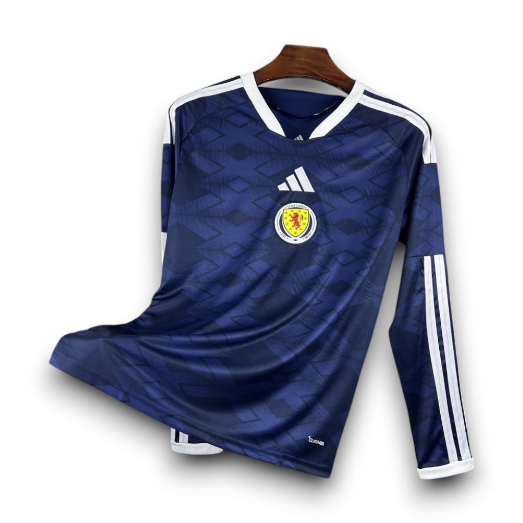 Leazofoot Scotland 2026 long-sleeve home football jersey in navy blue with white accents and diamond pattern.