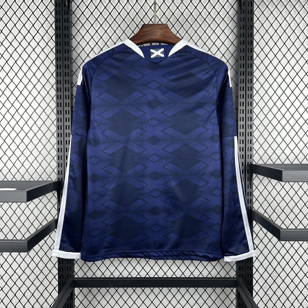 Leazofoot Scotland 2026 long sleeve home football jersey in navy blue with white trim and geometric pattern