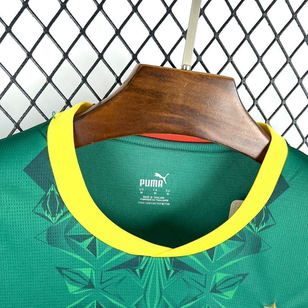 Leazofoot Senegal 2026 away football jersey in green with a yellow crew neck collar and geometric pattern