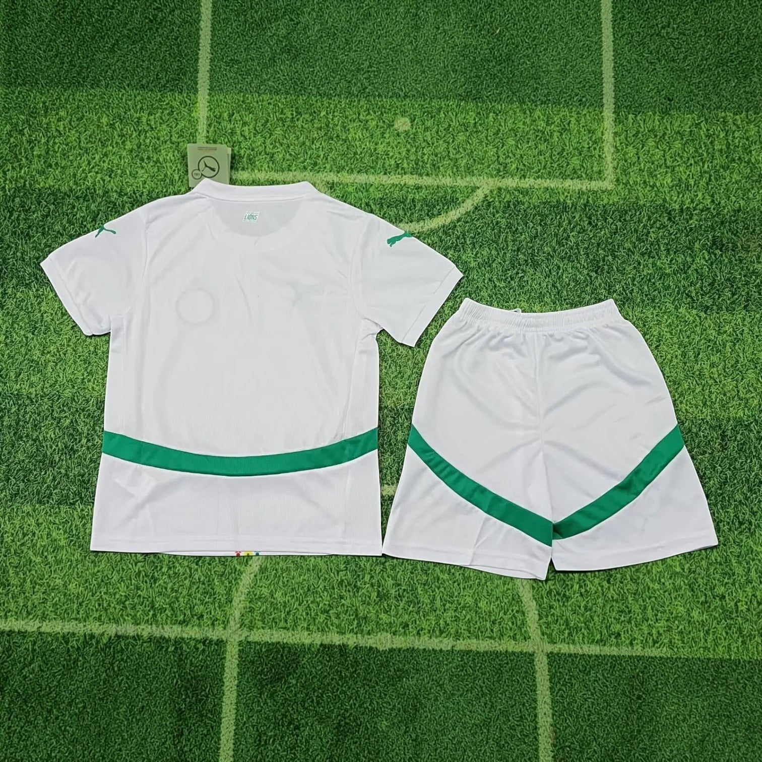 Leazofoot Senegal 2024/25 kids white football kit with green accents on jersey and shorts on a grass background