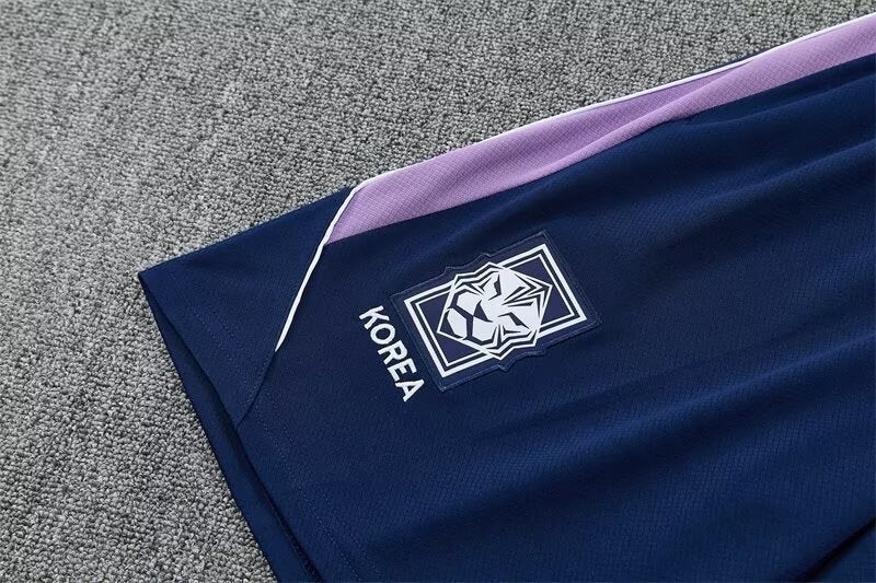 Leazofoot South Korea 2026 training shorts in navy blue with lavender side panels and team crest detail