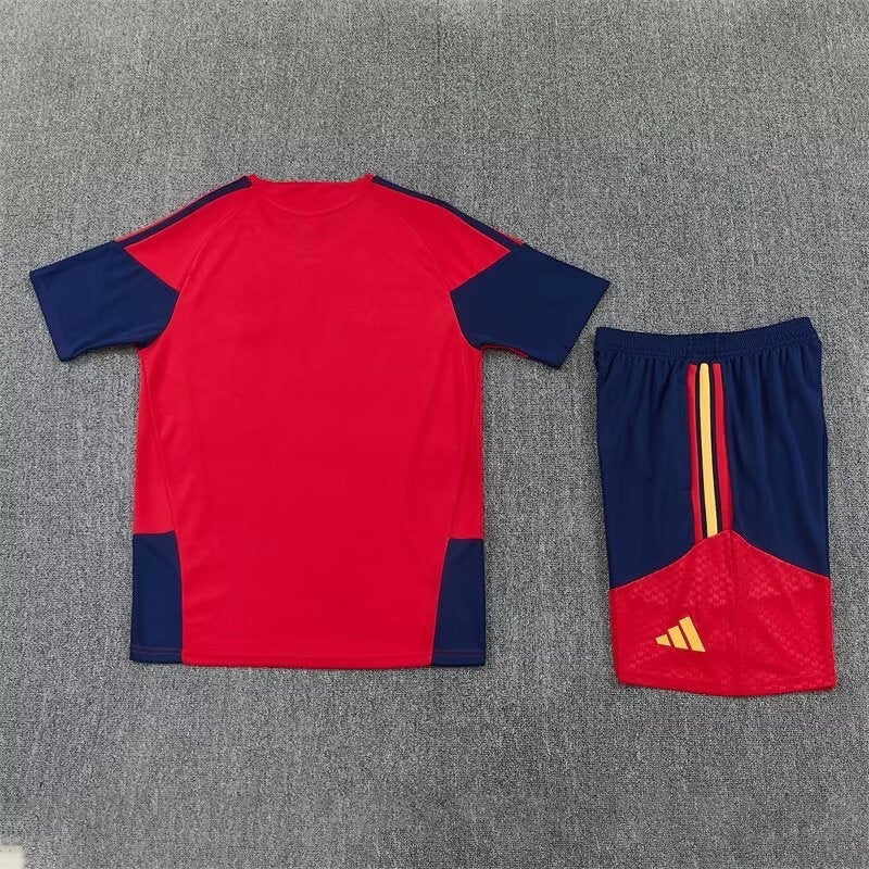 Leazofoot Spain 2026 training kit featuring a red and navy jersey with matching shorts and yellow accents.