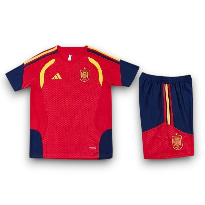 Leazofoot Spain 2026 training kit featuring a red and navy blue jersey and matching shorts with team crests.