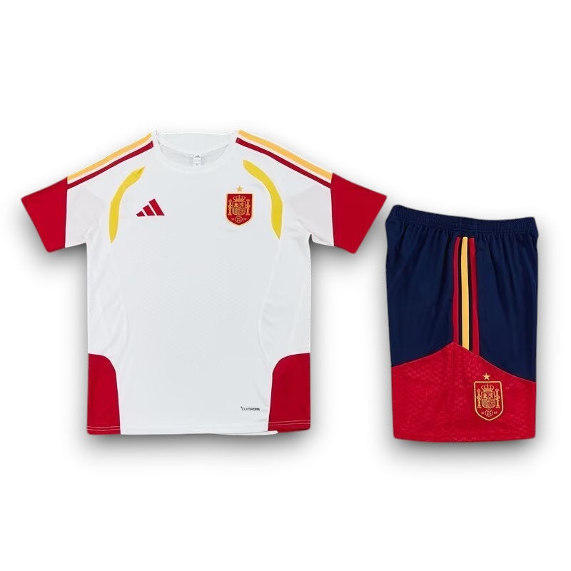 Leazofoot Spain 2026 training kit featuring a white jersey with red and yellow accents and matching navy blue shorts.
