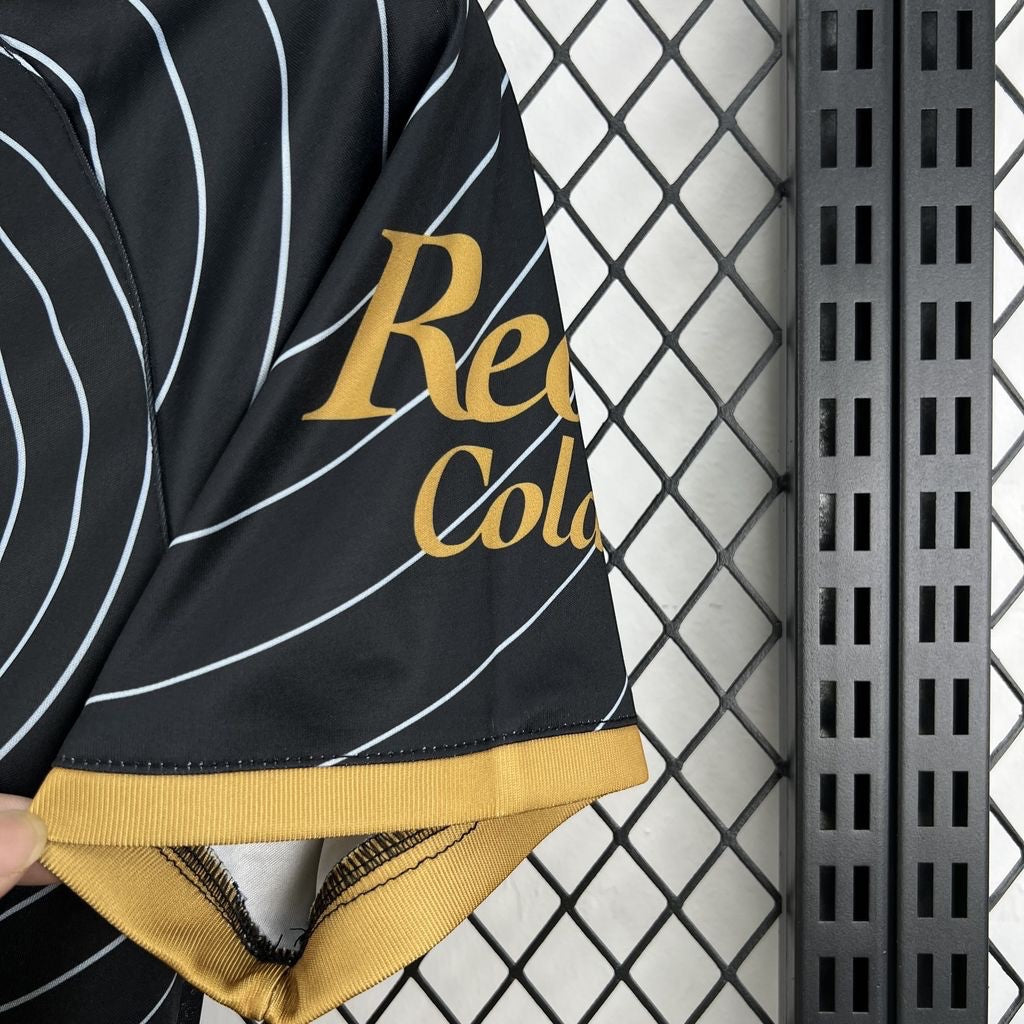 Leazofoot Toluca 26/27 concept football jersey in black with white spiral patterns and gold sleeve trim.