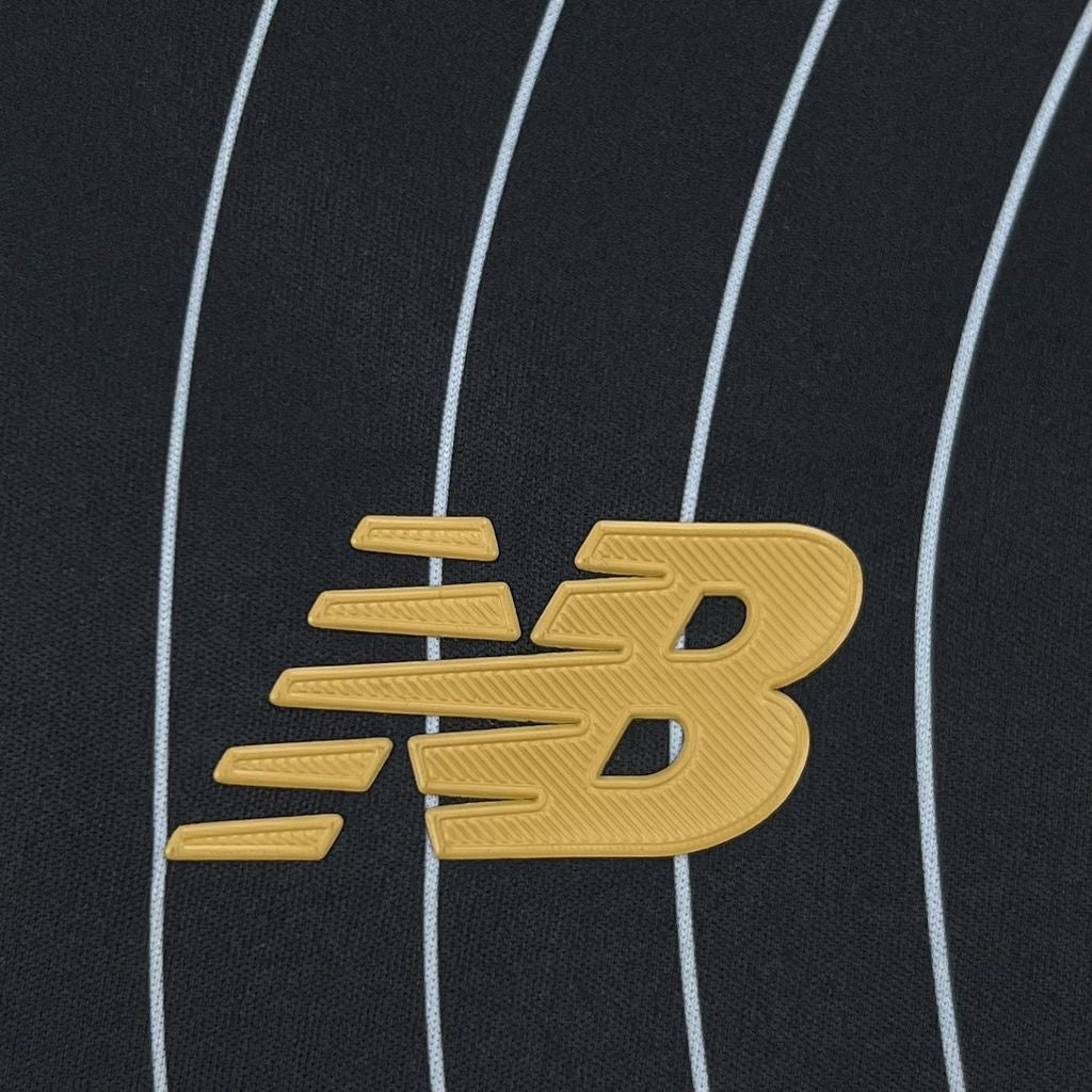 Leazofoot Toluca 26/27 concept jersey featuring a black fabric with white pinstripes and a gold New Balance logo.