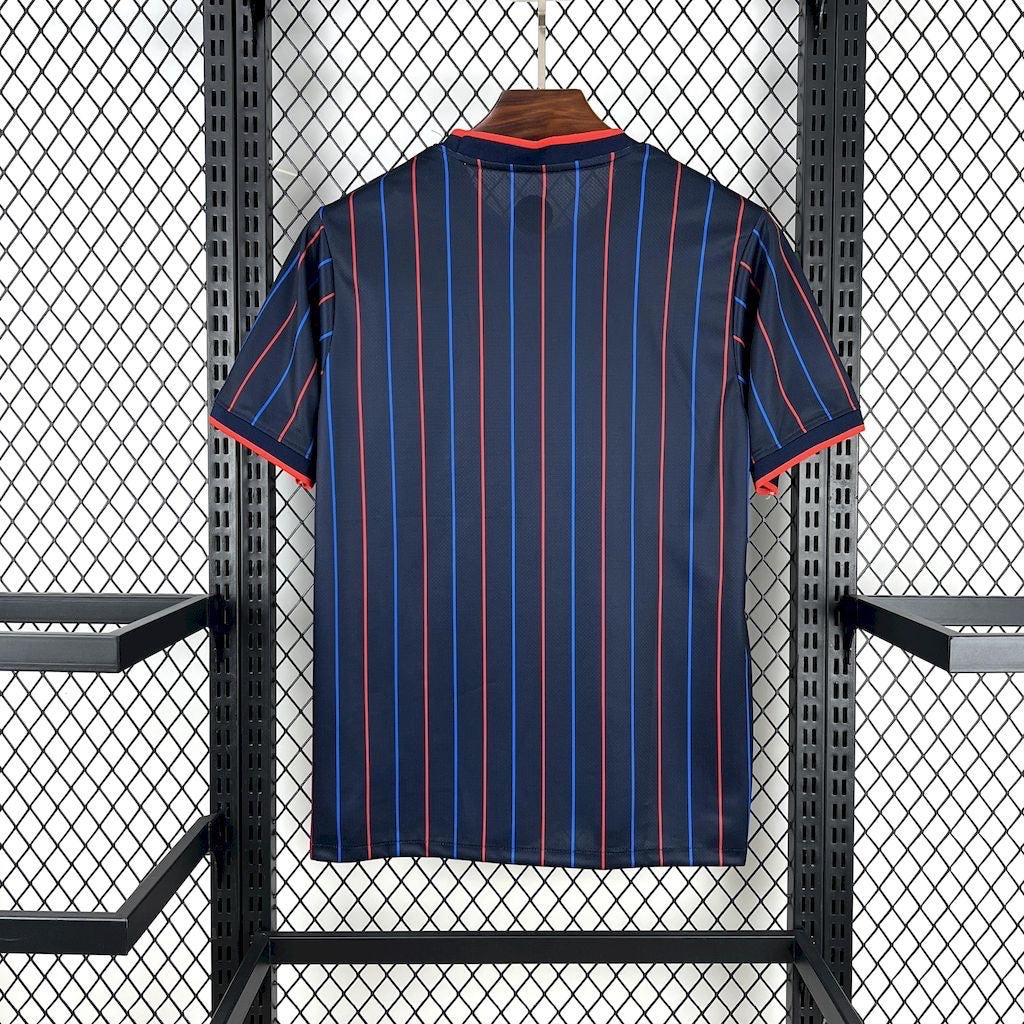 Leazofoot 2025 USA away soccer jersey in navy blue with vertical red and blue pinstripes and red trim on sleeves.