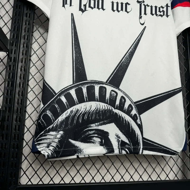 Leazofoot white USA 2025 concept soccer jersey featuring a graphic print of the Statue of Liberty and In God We Trust