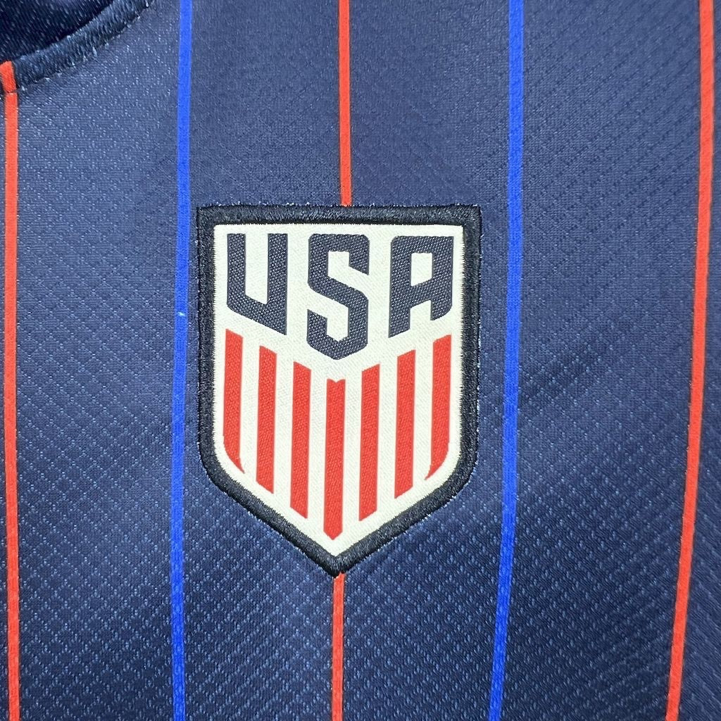 Leazofoot 2025 USA kids away soccer jersey in navy blue with red and blue vertical pinstripes and embroidered crest