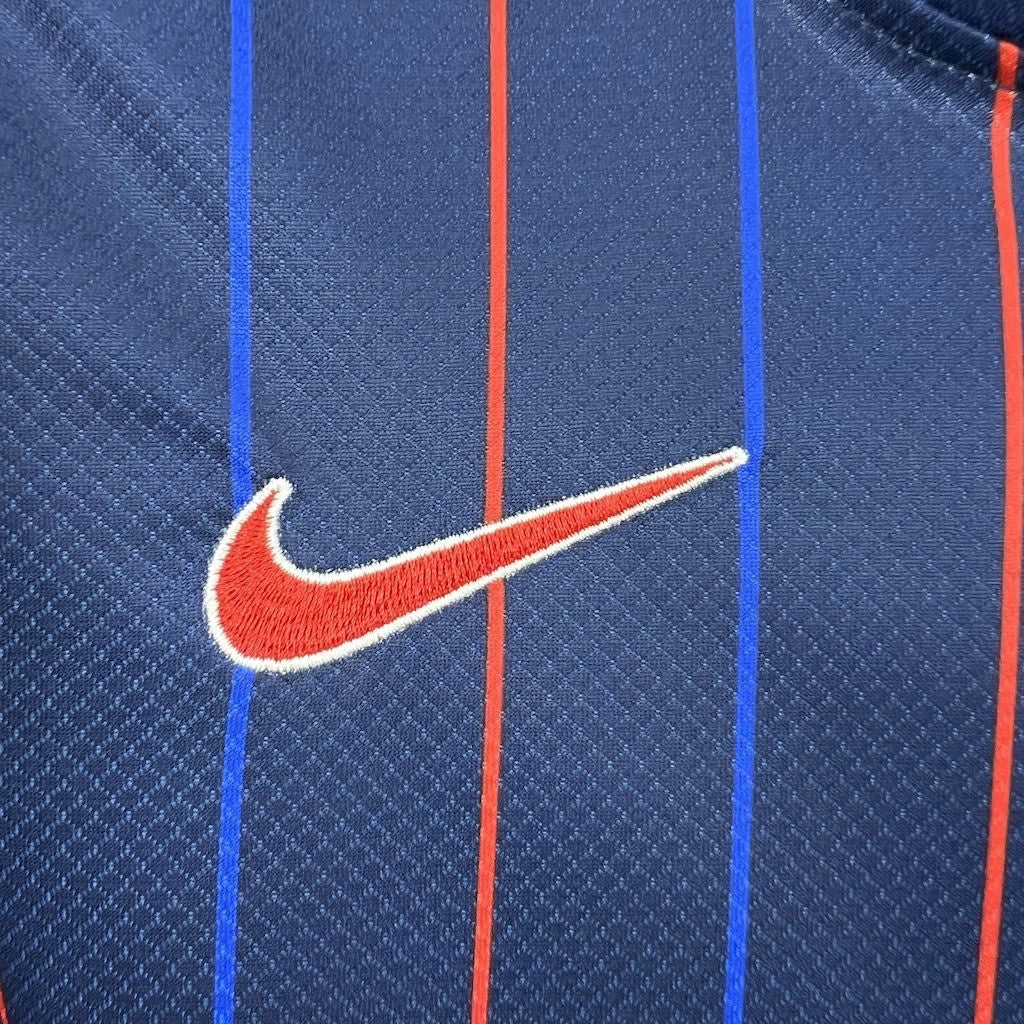 Leazofoot USA 2025 kids away kit jersey featuring a navy blue fabric with red and blue vertical pinstripes and logo