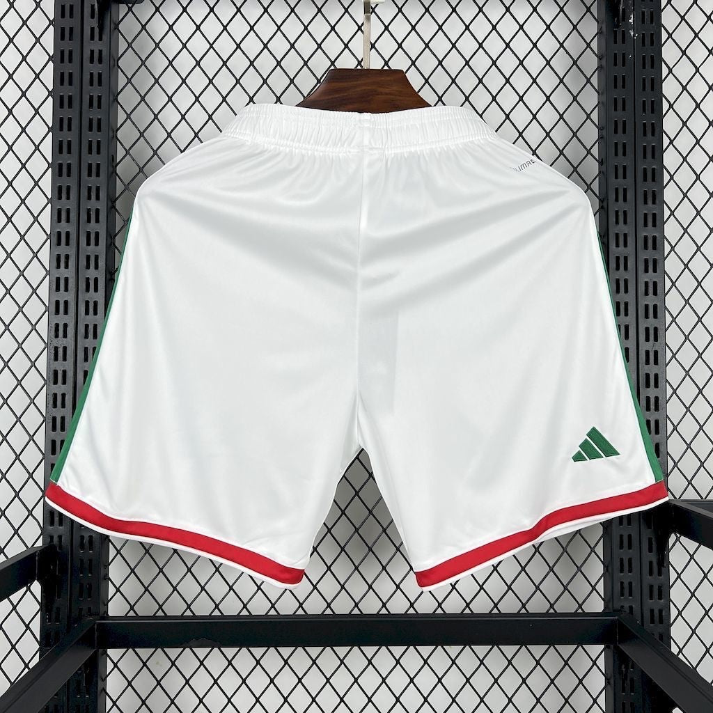 Leazofoot white soccer shorts with green side stripes and red trim. Features a green Adidas logo.